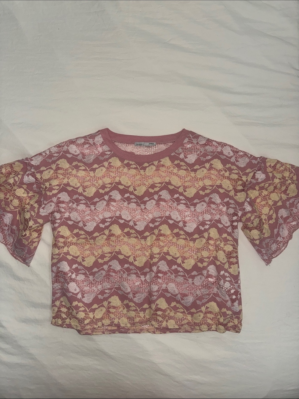 Zara Lace Overlay Cropped Tee in Pink, White and Pale Yellow